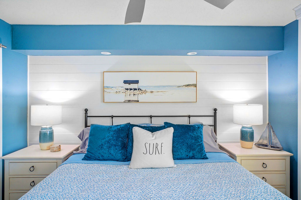 The king bed is a comfortable retreat after a day on the beach.