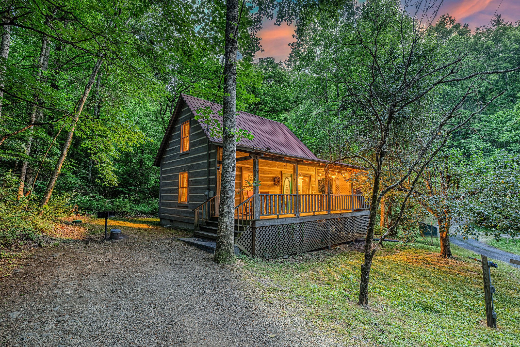 Pink sky, green woods, warm cabin. Hard to beat.