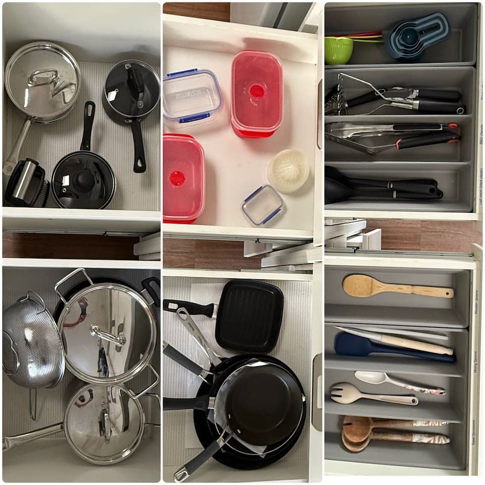 The drawers are fully stocked with all utensils, pots and pans you'll need (a few items missing from this shot, in the dishwasher!) Be assured, that everything that you need is here - to cook, bake, fry, BBQ or whatever you want to prepare.
