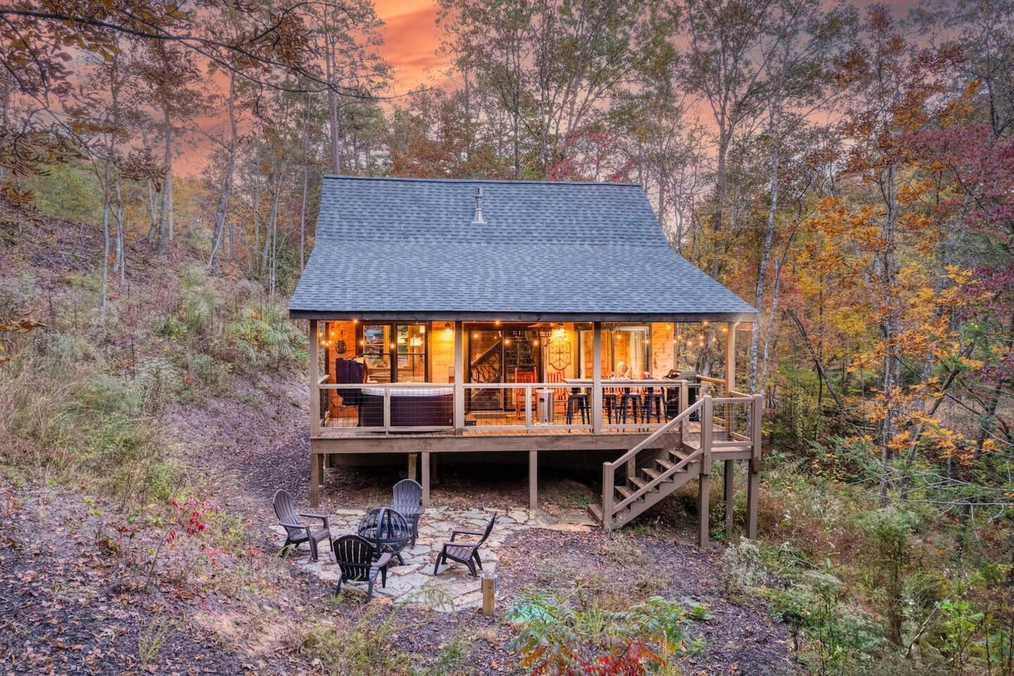 Behold the exterior of our beautiful cabin, a picture-perfect blend of rustic charm and modern comfort. Surrounded by nature's embrace, it stands as a timeless sanctuary, inviting you to escape, unwind, and make memories amidst its serene surrounding