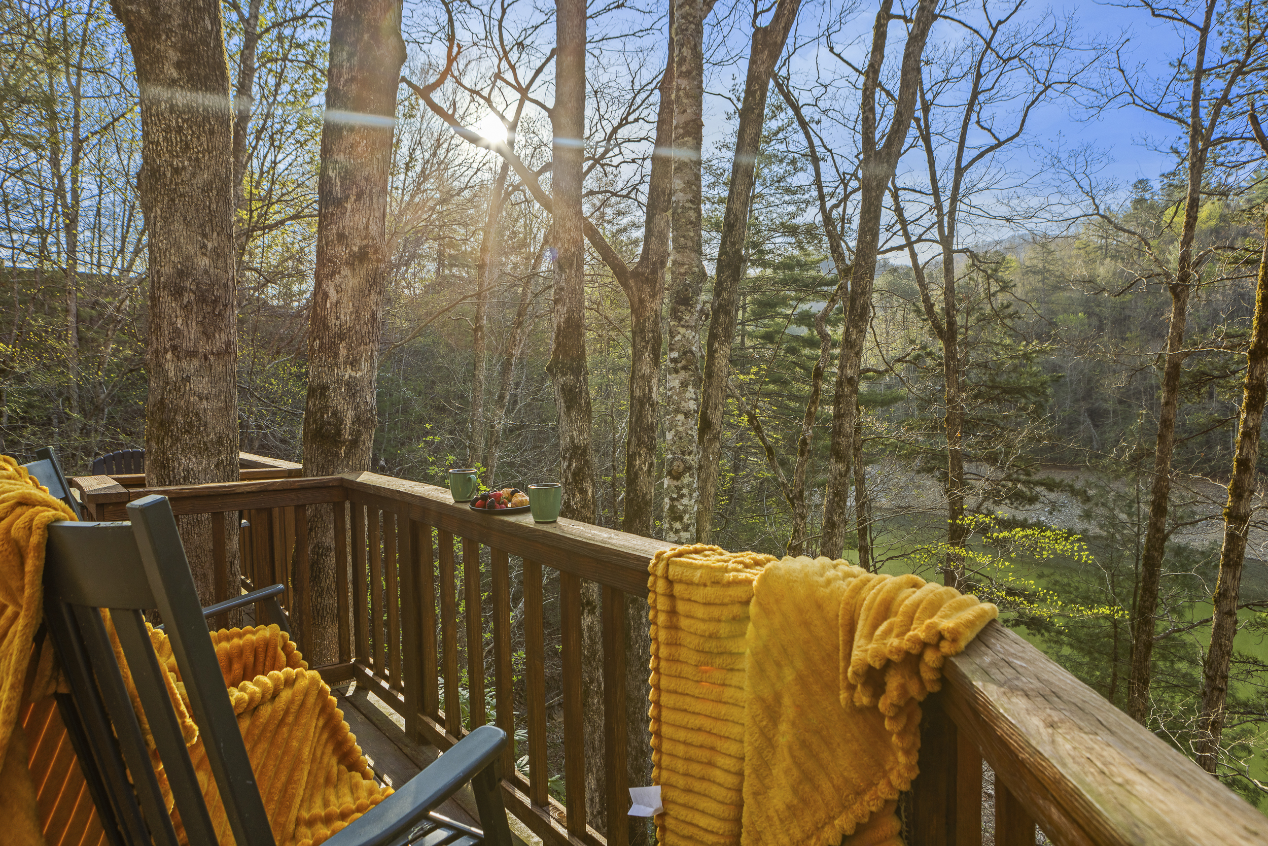 Deck: Sip morning coffee amidst nature's grandeur with stunning views and tranquility!