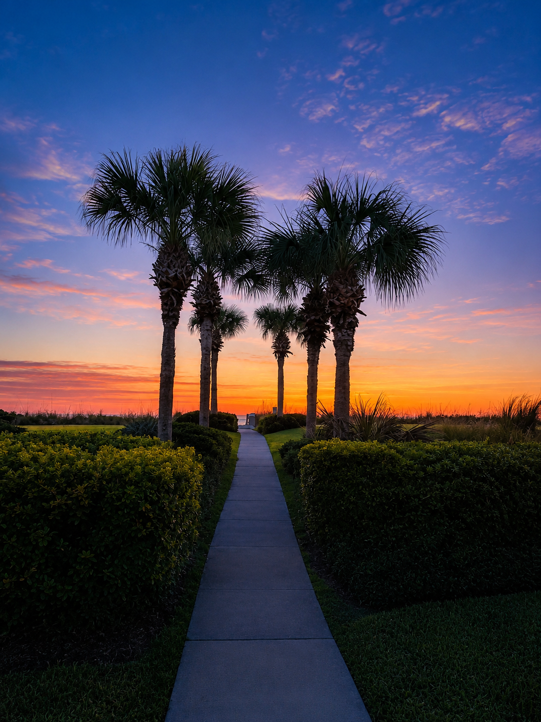 Follow the palm-lined path toward the sea, the sky ablaze in purple and gold. This short walk becomes a cherished family ritual—flip-flops in hand, little ones running ahead, the waves calling you all toward another perfect beach evening.