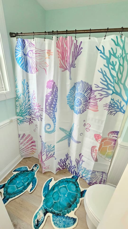 downstairs hallway bathroom, with a door separating sink/vanity area.
towels provided. Dispense of soap/shampoo mounted to the shower.