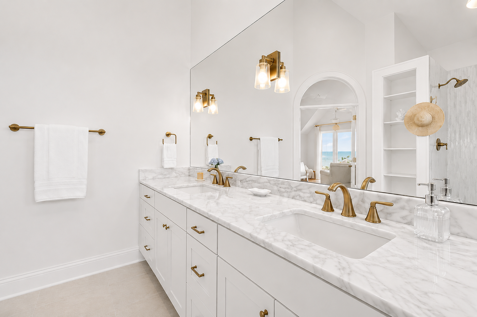 A beautifully designed double vanity with his-and-her sinks creates the perfect space for effortless mornings and relaxing evenings.