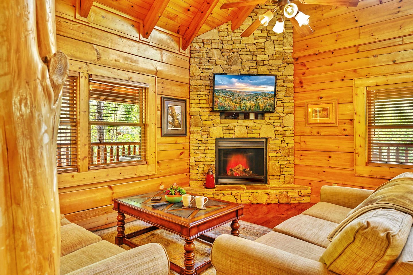 Sit around the electronic fireplace and enjoy the cozy cabin.