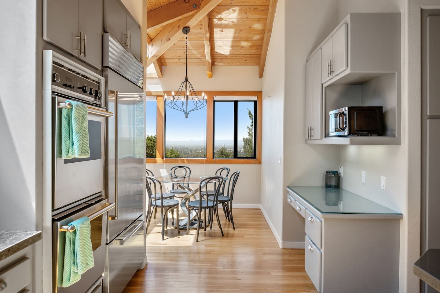 6-person table in the kitchen eating nook.