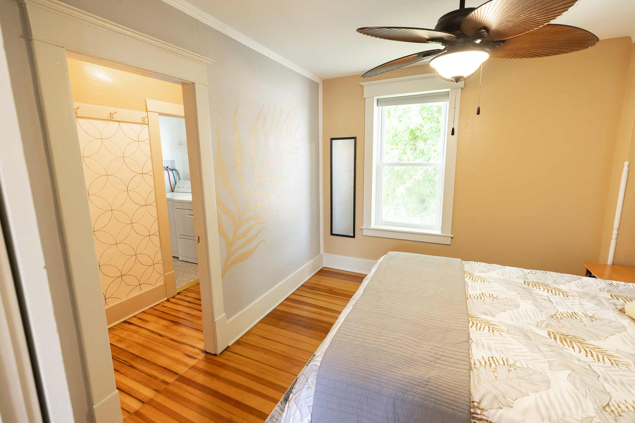 Full length mirror and walk through closet. Both bedrooms have pull down black out shades.