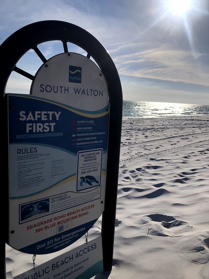 Just a 10-minute stroll from the turquoise waters of Blue Mountain Beach!  Plus discover 3 more secluded neighborhood entries—Gulf Point Rd, Seagrade Rd, and Blue Lake Rd—each offering picturesque coastal walkways and quiet, white-sand shores.