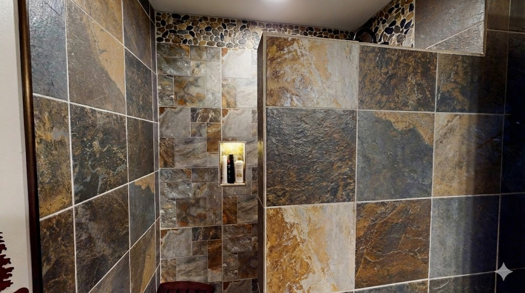 Elegant ski lodge–style bath with walk-in shower and natural stone detailing.