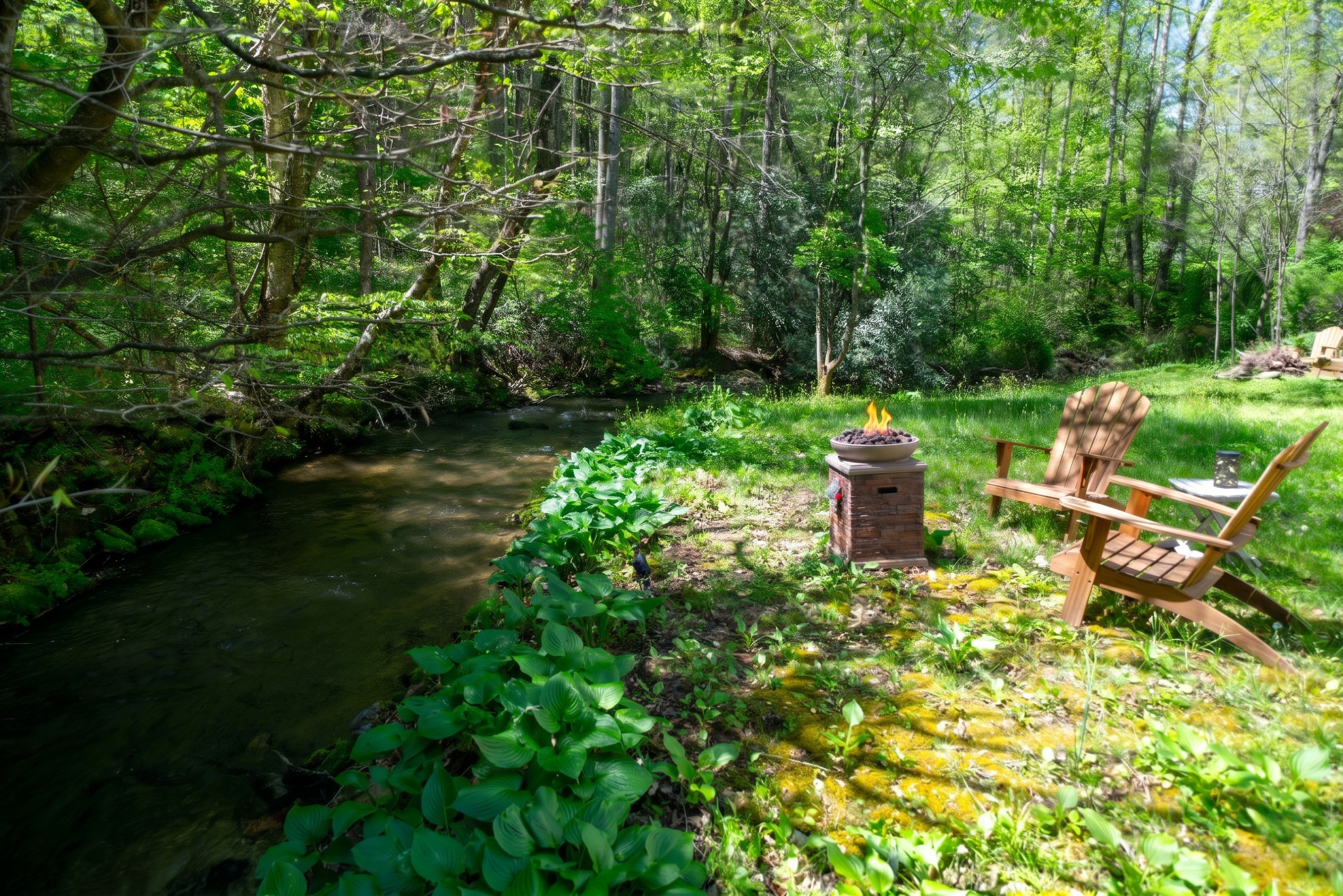 Enjoy effortless evenings by the creek with a convenient propane fire pit- just turn it on and relax.