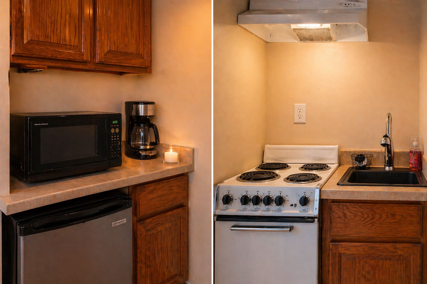 “Enjoy a thoughtfully equipped kitchenette featuring a mini fridge, stove, microwave, and coffee maker. Ideal for unwinding after the hot tub—then transition into your Zen lounge for karaoke, movie nights, or gaming.”