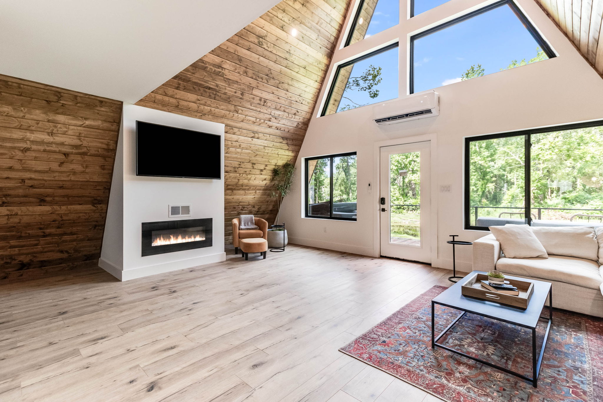Open living room with fireplace