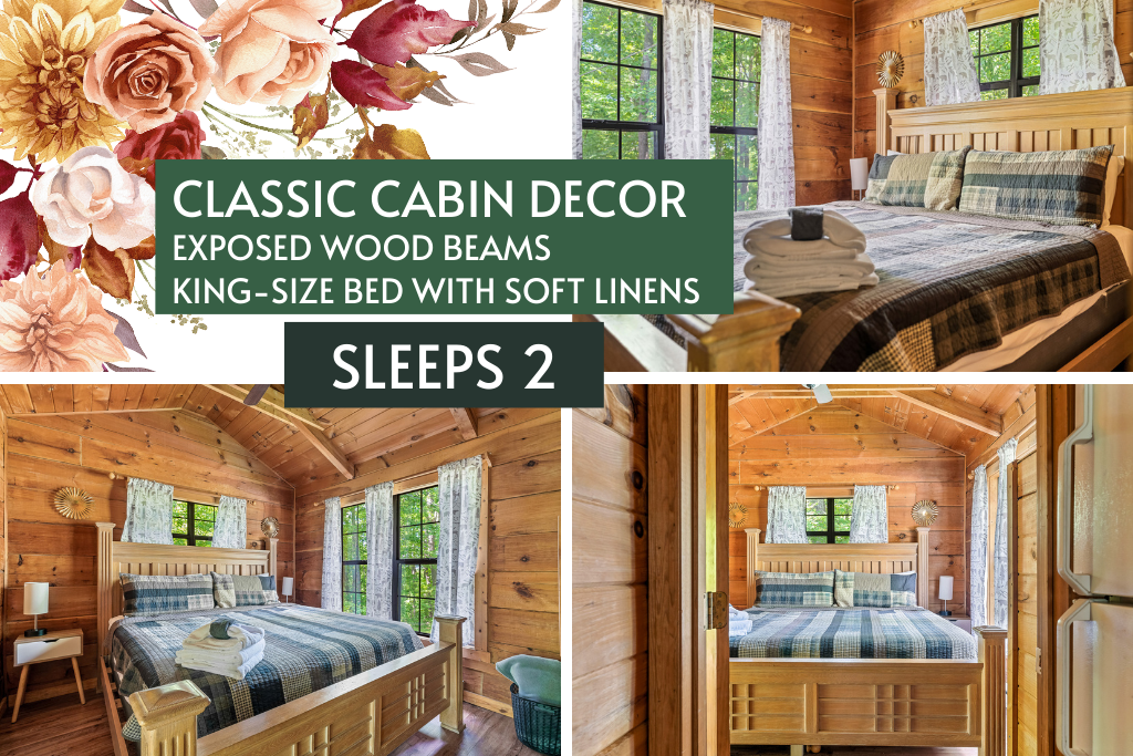 Sleep easy in a king bed wrapped in soft linens, warm wood, and rustic charm