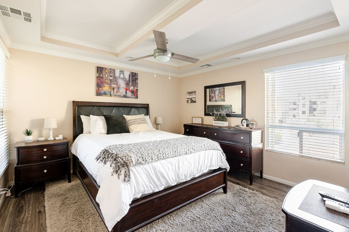 Enjoy a peaceful night's sleep in the plush queen bed with memory foam topper.