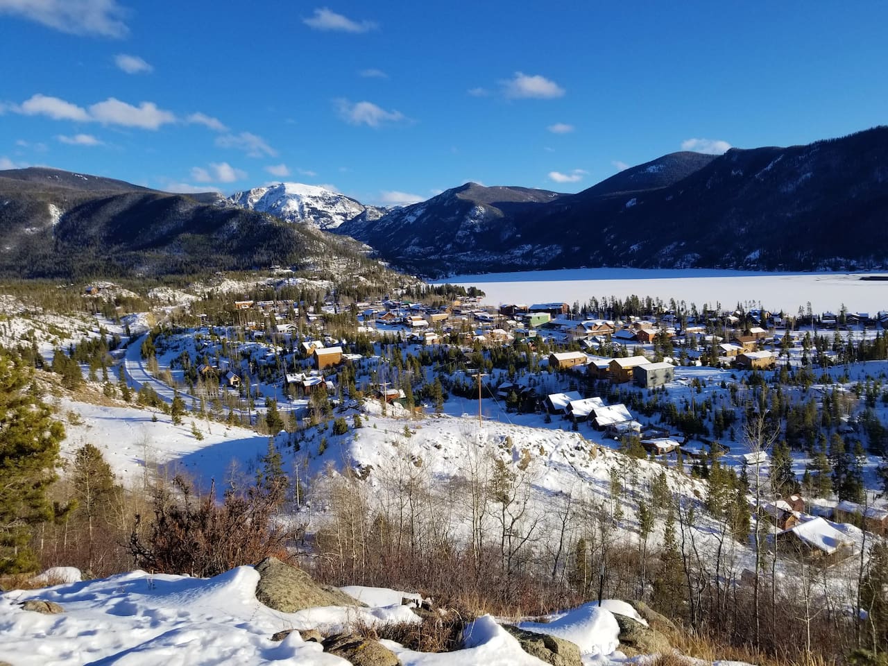 Nearby view of the town of Grand Lake, frozen Grand Lake and Mt Baldy in the background 