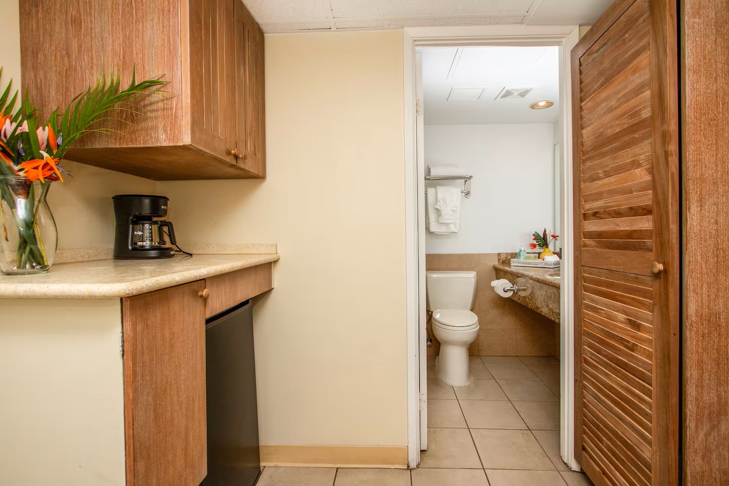 Kitchenette area with mini-fridge, microwave, coffee maker 