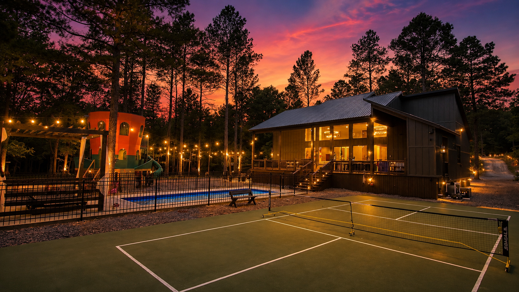 Outdoor Paradise: Enjoy stunning sunsets by the pool and fun on the tennis court!