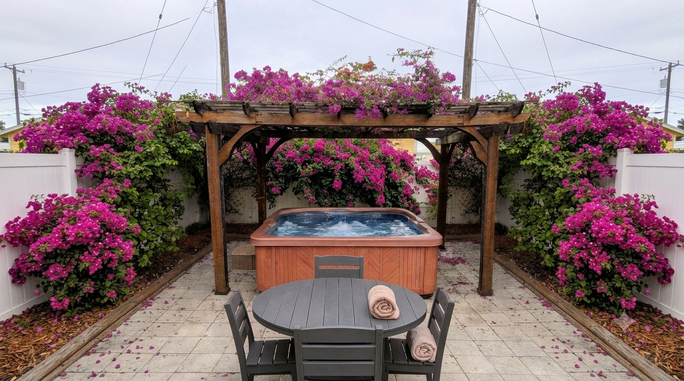 Private hot tub oasis beneath cascading bougainvillea. “Someone put the utmost time, energy and love into every detail.” — Angela, guest review