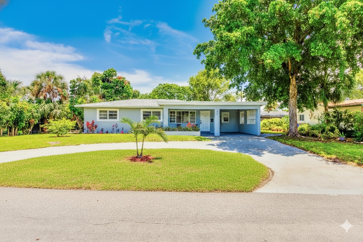 Charming coastal home with a large front yard, lush landscaping, and a peaceful residential setting.