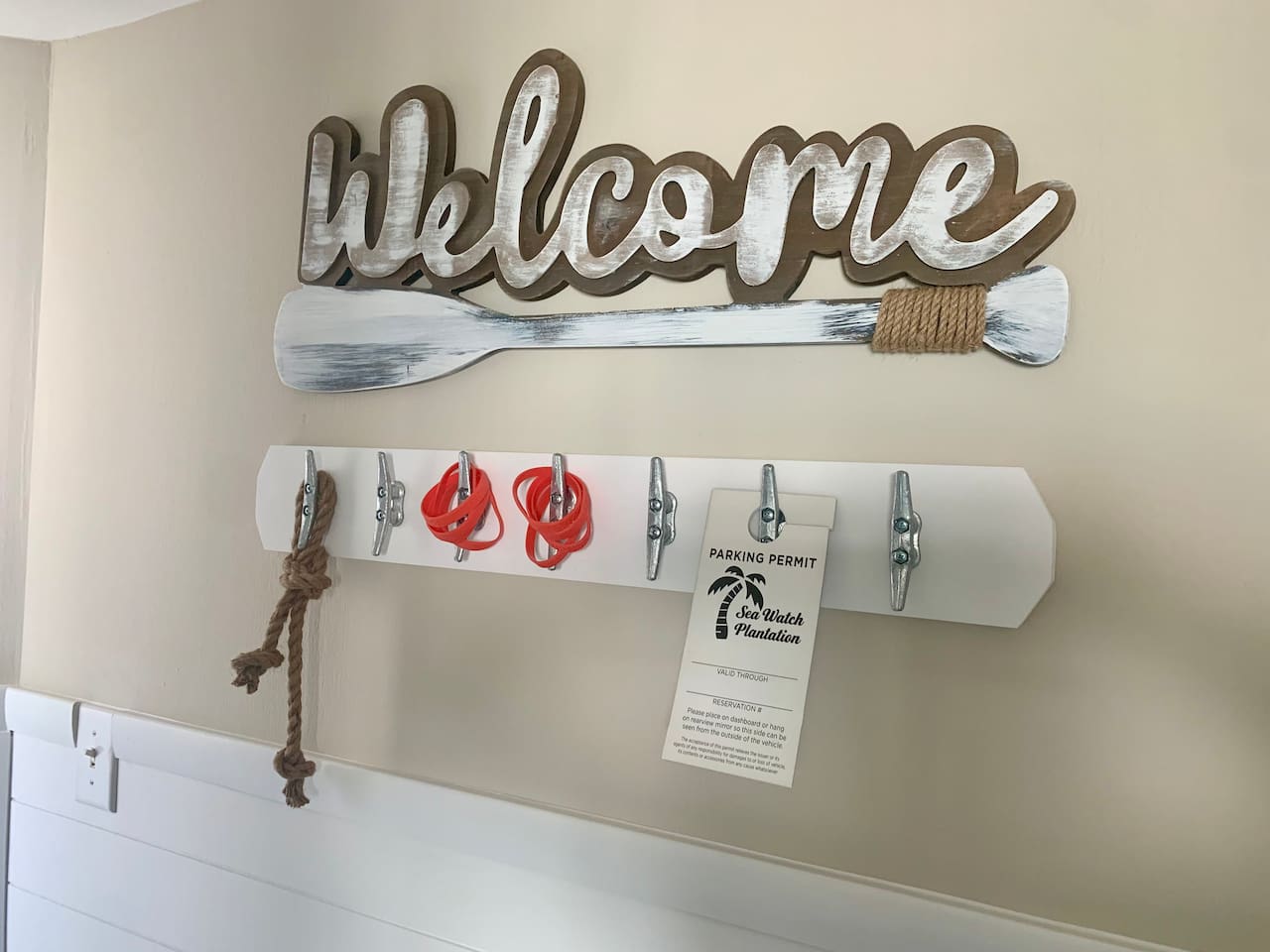 Pool bands and Parking passes waiting in the room. Must return the red pool bands after stay 