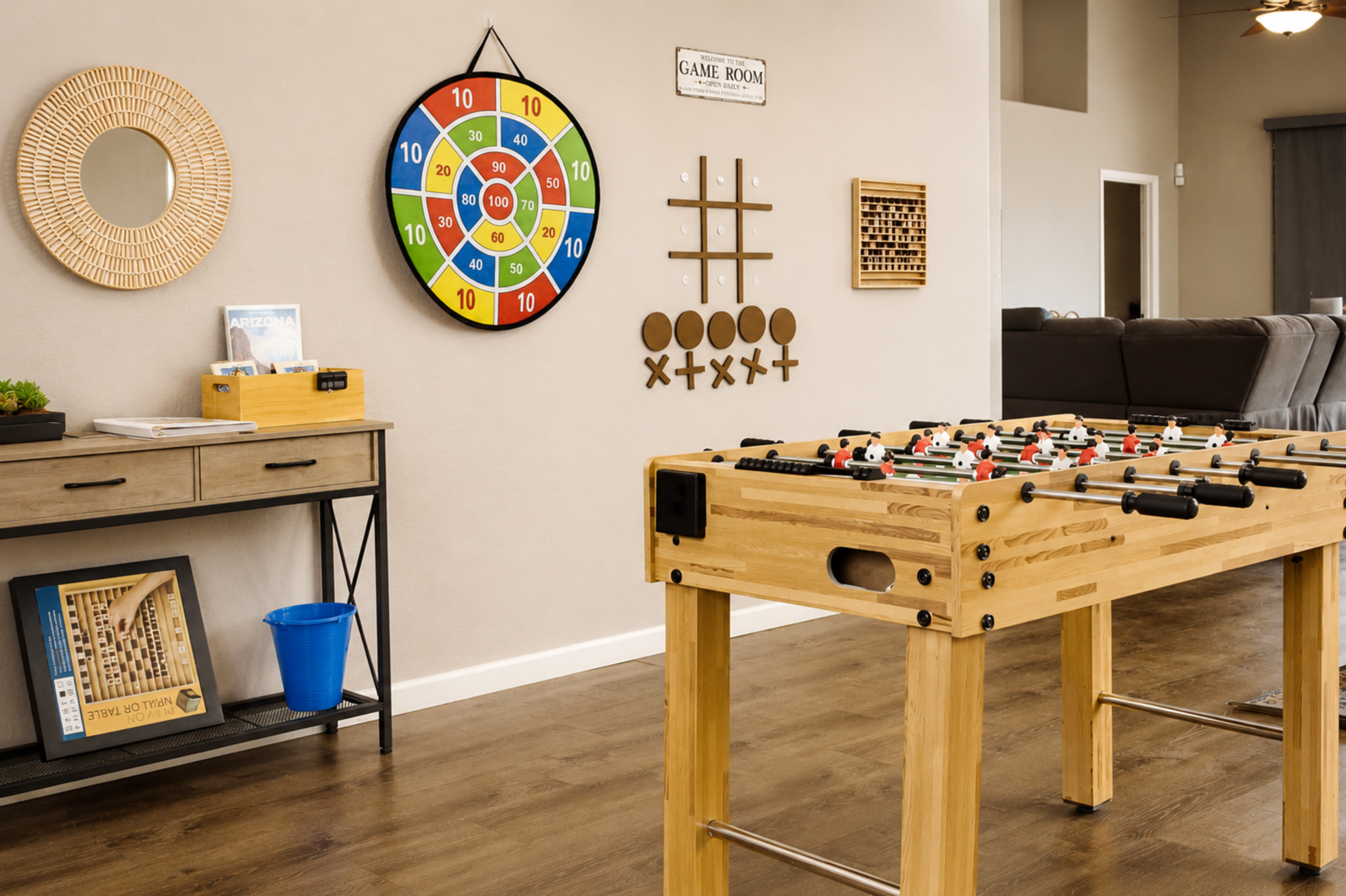 The living room has a custom game wall and a foosball table where your family can engage in some fun, friendly competition.