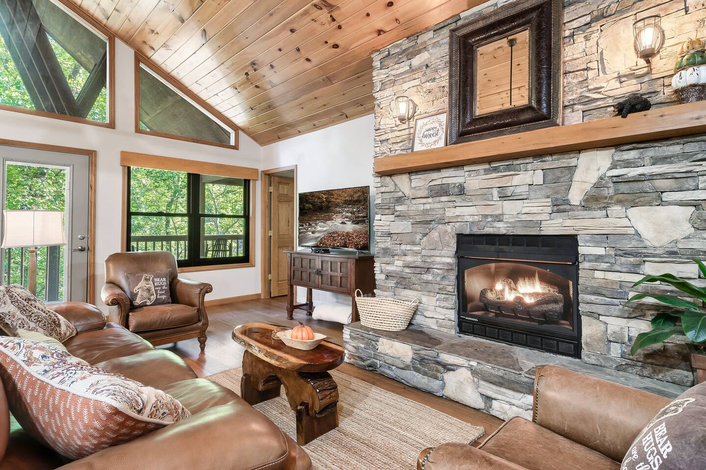 Stacked stone gas fireplaces are available Labor Day through Memorial Day. Fireplaces are located in the family room and game room offering ambience and warmth in the winter months. .