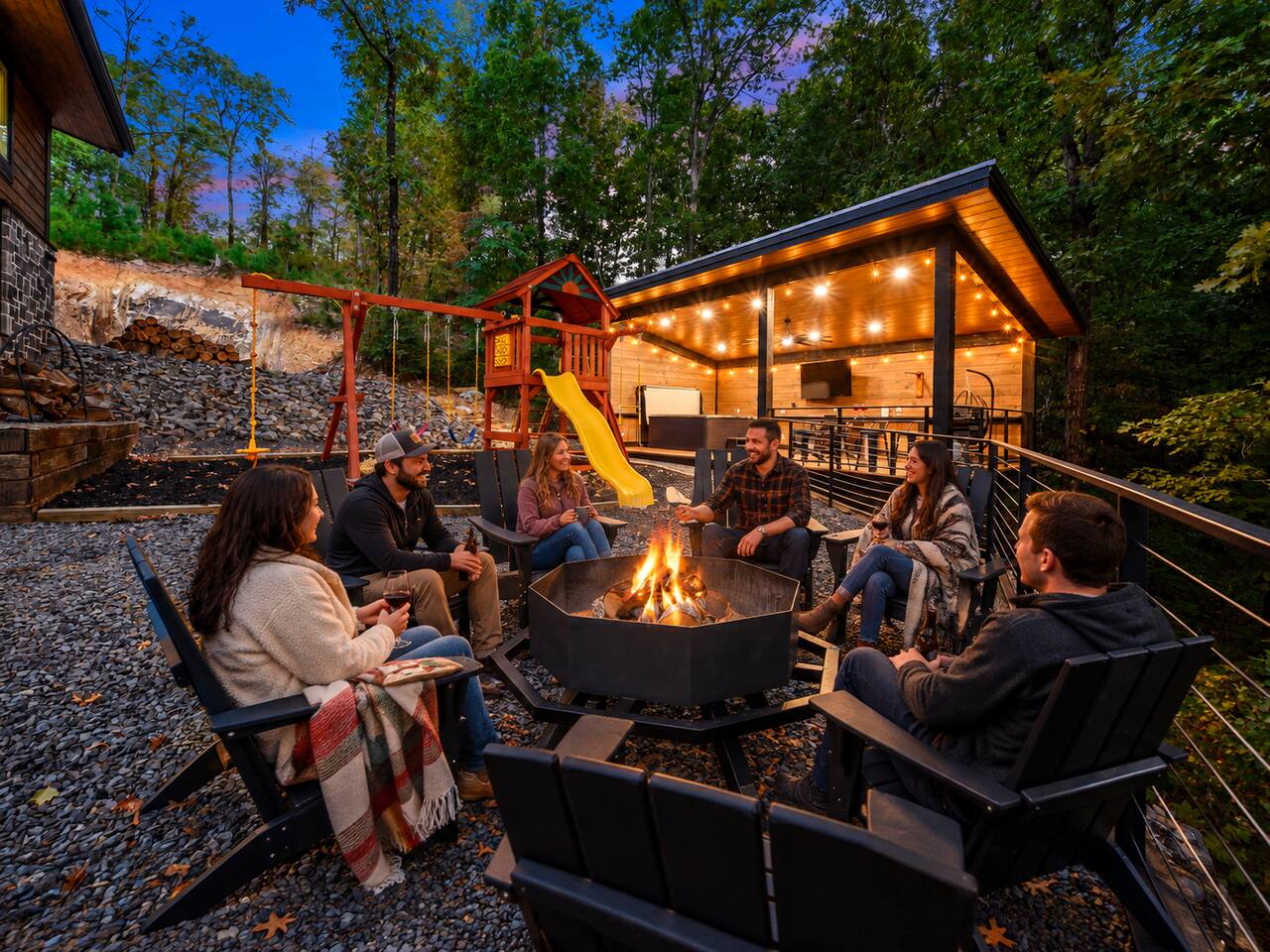 Fire-pit seating beside the gazebo and playground; firewood is provided.