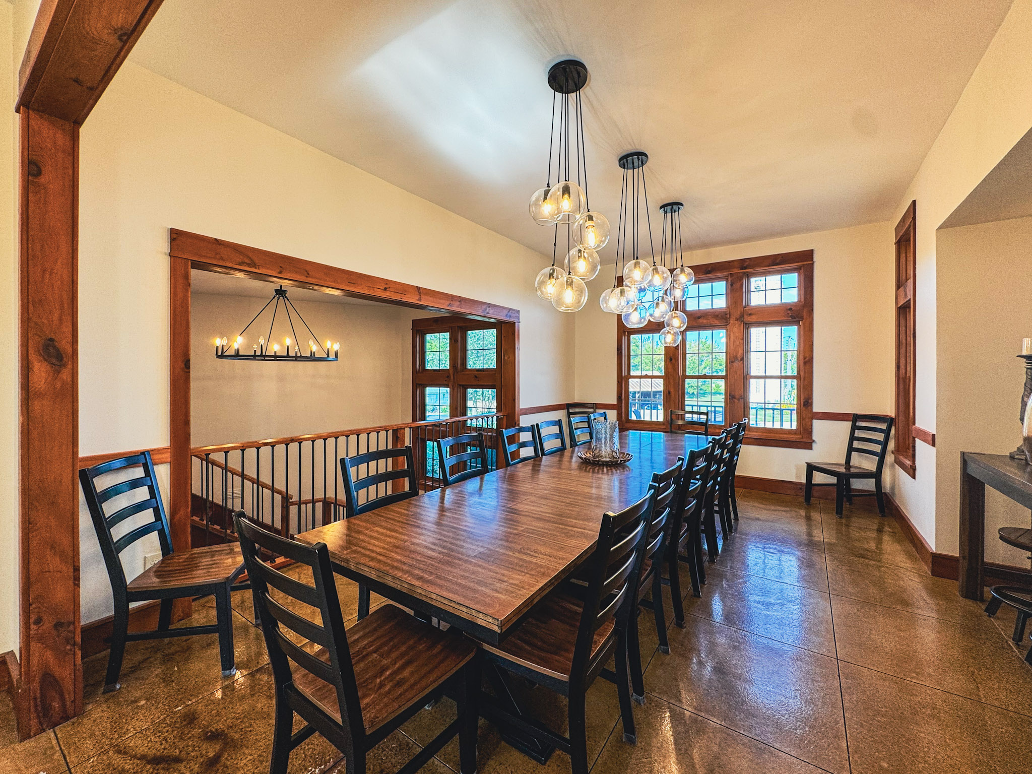 Dining area with 18 chairs.
