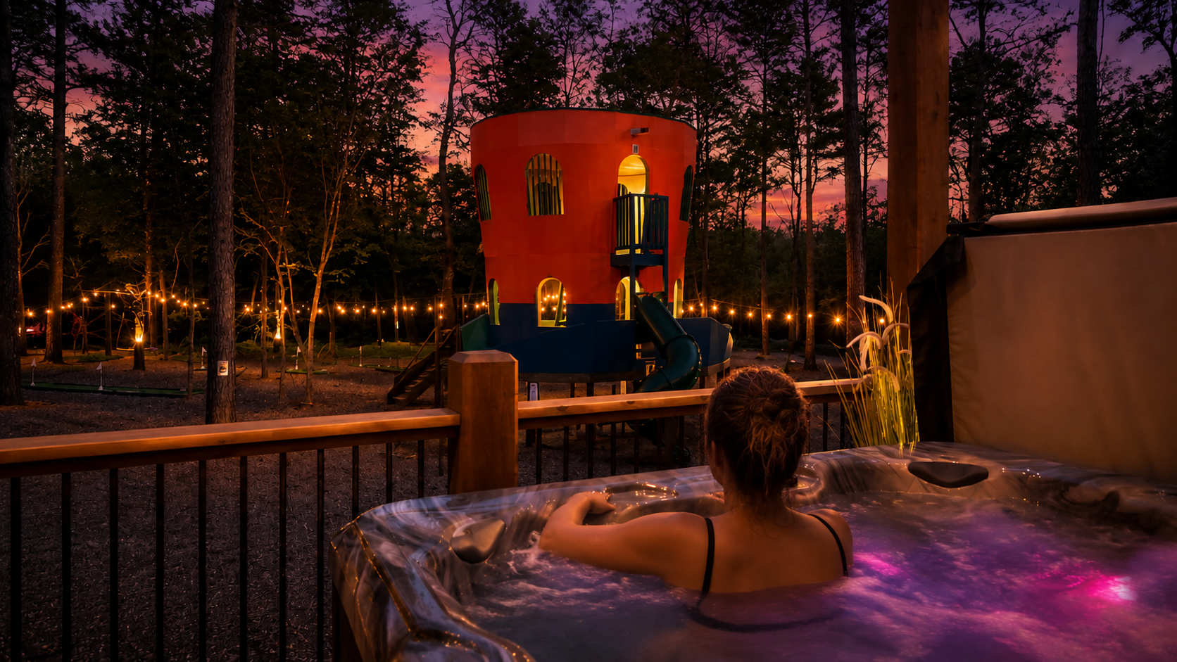 Hot Tub Retreat: Soak in relaxation under twinkling lights with stunning sunset views!