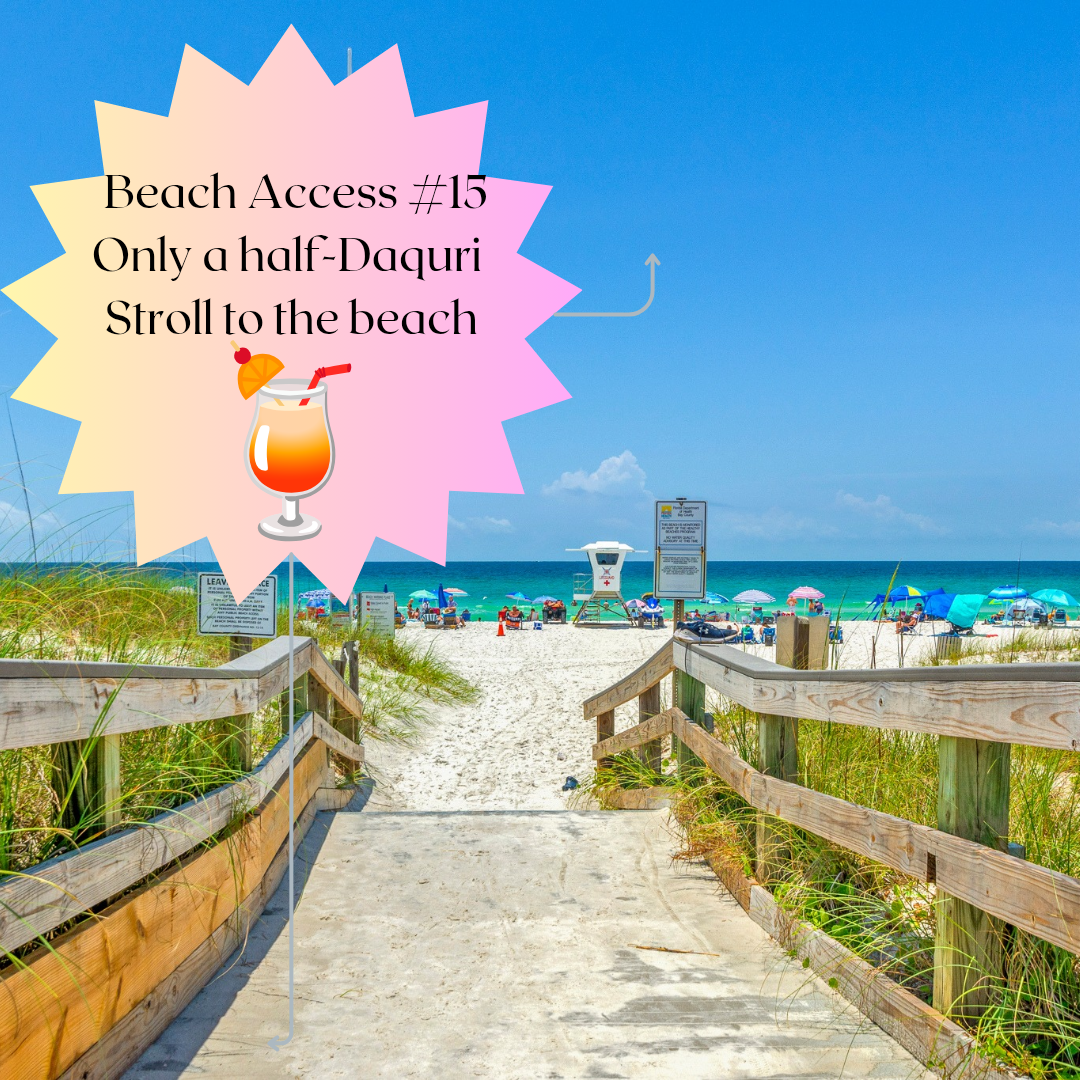 Beach Access less than 1/2 mile (~6 min walk). Rick Seltzer Park beach access is just a 1/2 mile away (easy 10 min. walk). - This location has parking and public restrooms. 
St. Andrews State Park is only a 2.4 mile drive.