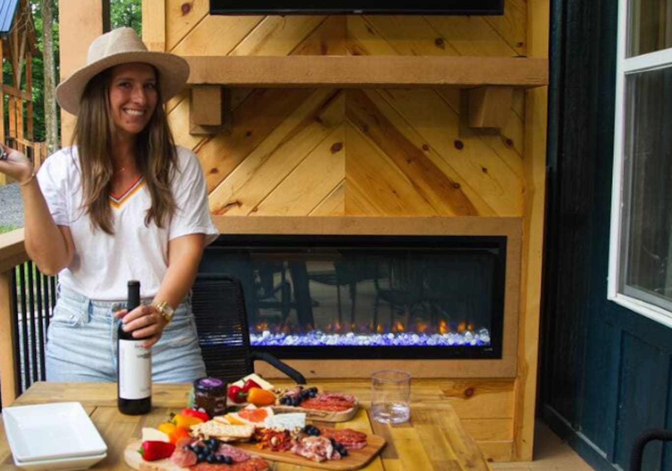 Covered patio fireplace for year-round enjoyment