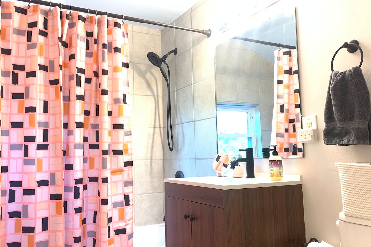 Full Bathroom with shower and soaking tub, bright vanity, soft cotton towels, and everyday essentials.
