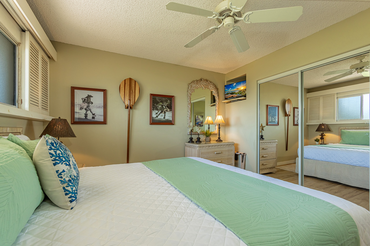 Ceiling Fan and Smart TV in Guest Bedroom