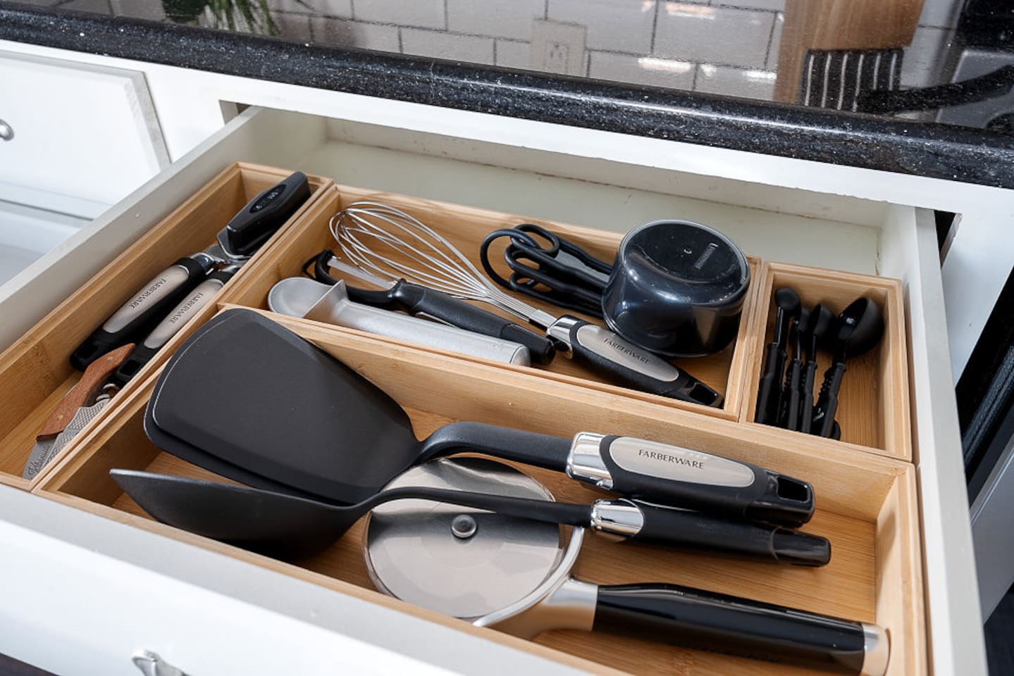 Enjoy the beautiful kitchen, fully-equipped with all your cooking needs such as spices, oil, pots, pans, dishes, silverware, a toaster and more