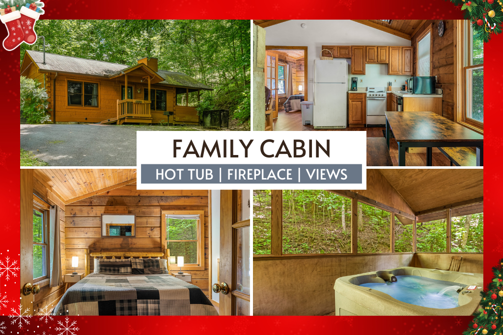 Family cabin retreat with a hot tub, fireplace, and forest views.
