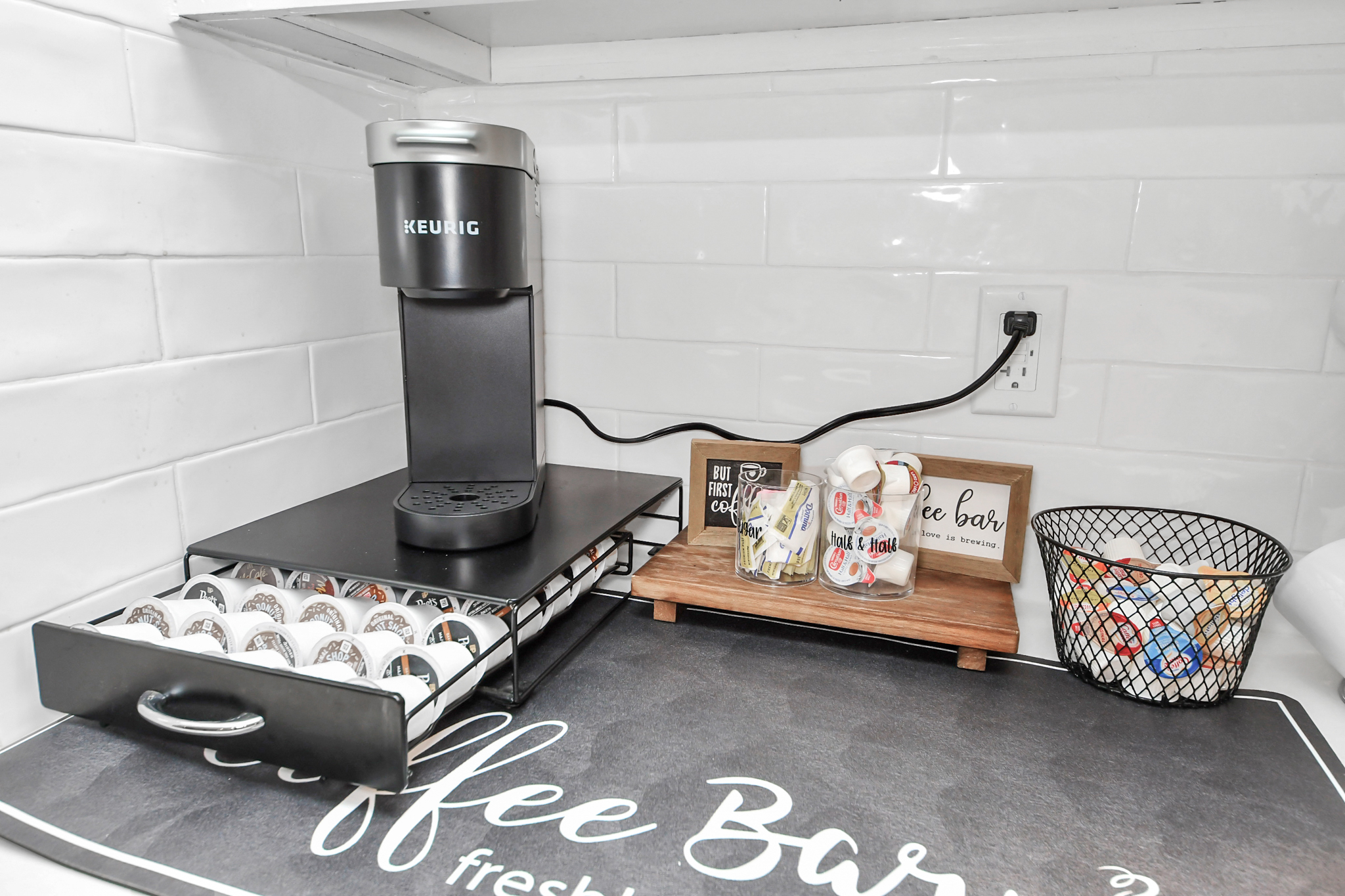 Fully stocked coffee bar in the kitchen space. 