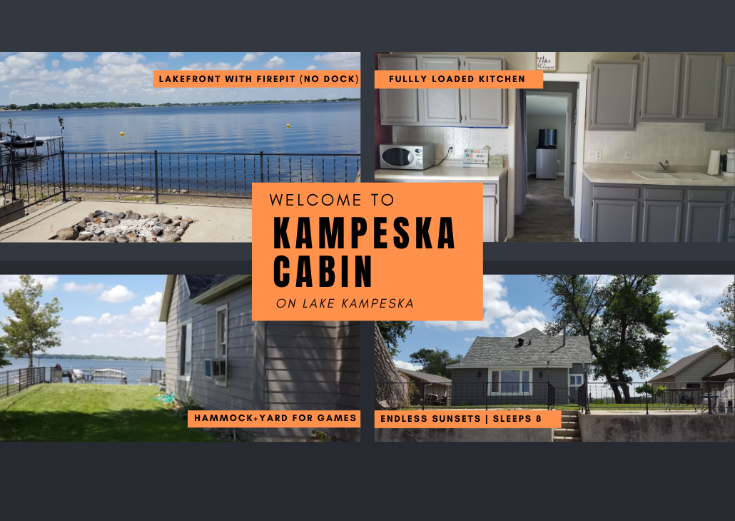 Lakefront cabin on Lake Kampeska. No dock but enjoy a firepit near the beach on the property.
