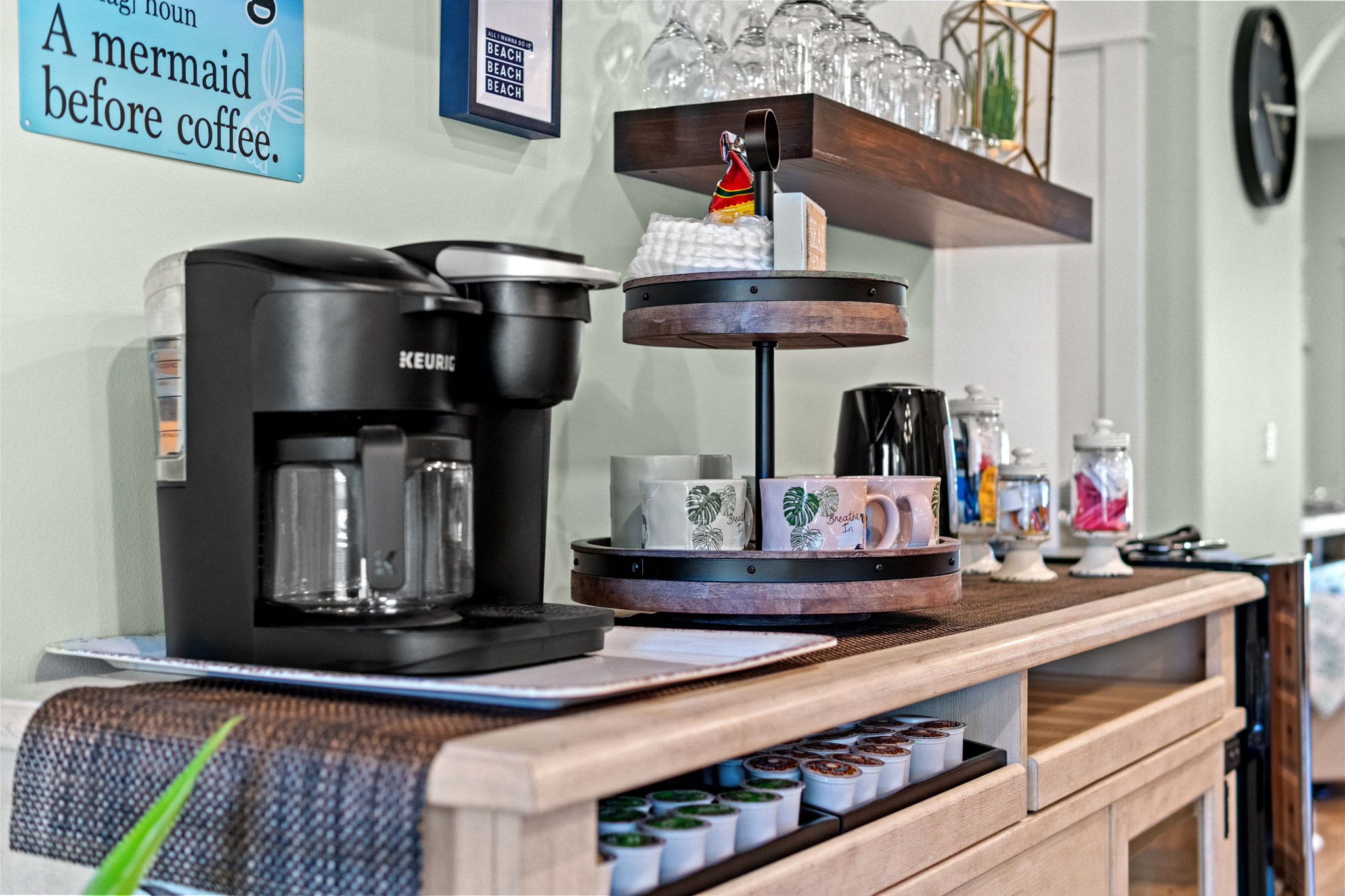 We provide coffees, K cups, teas, both creamer and sweeteners to get you started 