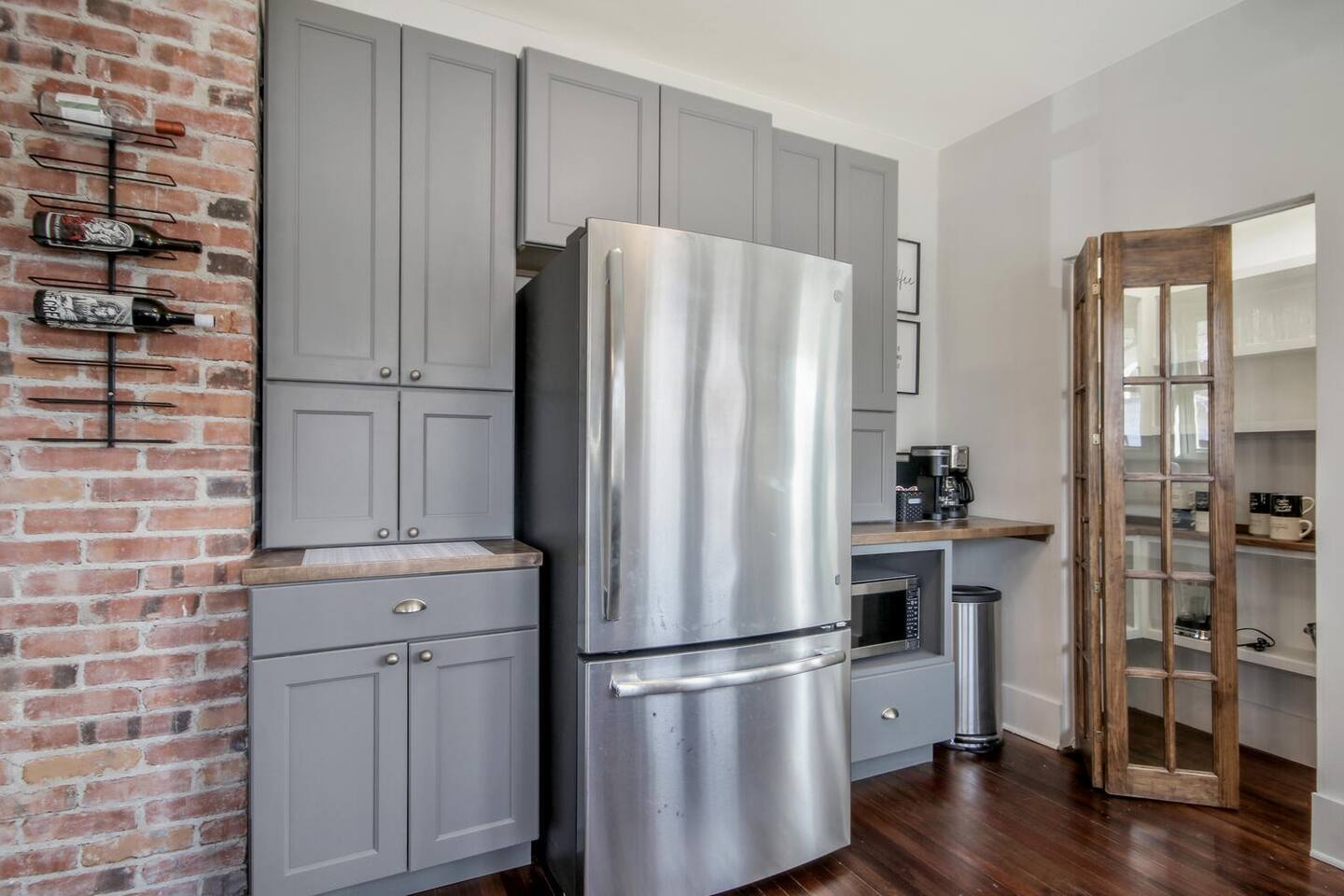 We feature a spacious stainless refrigerator, microwave, and two coffee pots--a drip coffee pot and a single use keirig.Toaster, mixer, crock pot, and blender included.  Plenty of wine glasses and coffee mugs for guests.