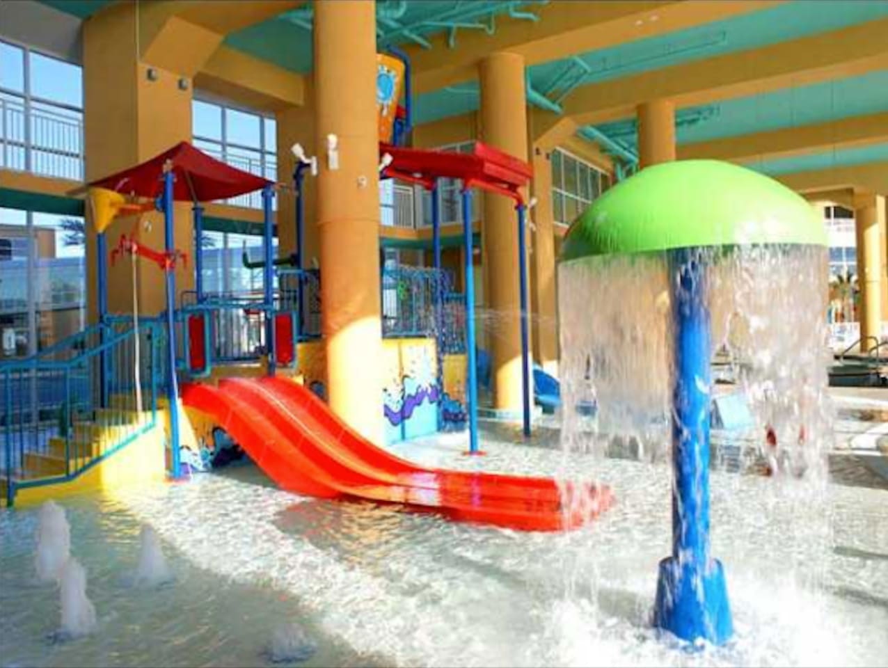 Wonderful fun with kid's water park area featuring slides, spray toys and water bucket!