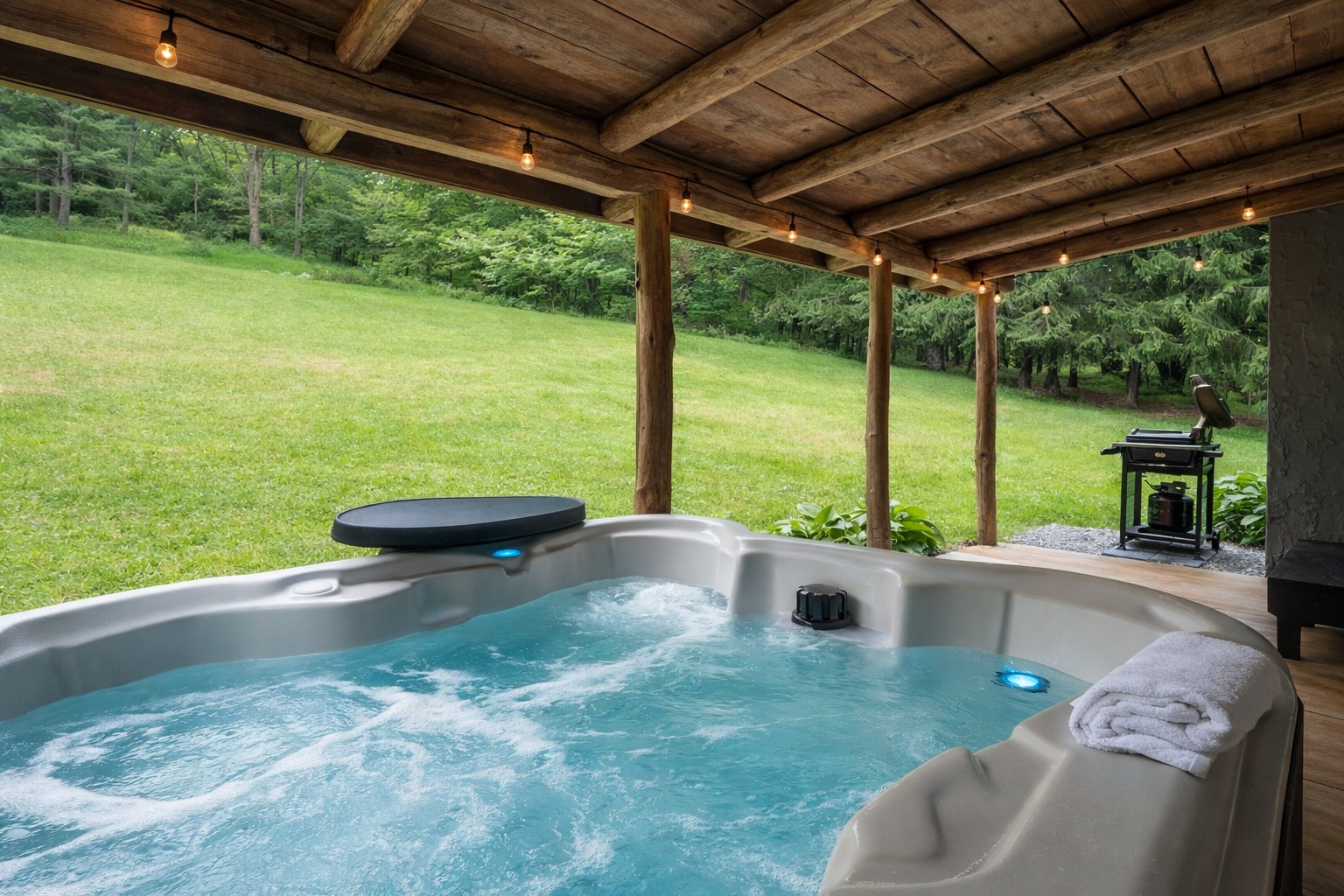 Soak in the serenity from your private hot tub on the covered back porch—surrounded by trees, birdsong, and the occasional deer wandering by at dusk.