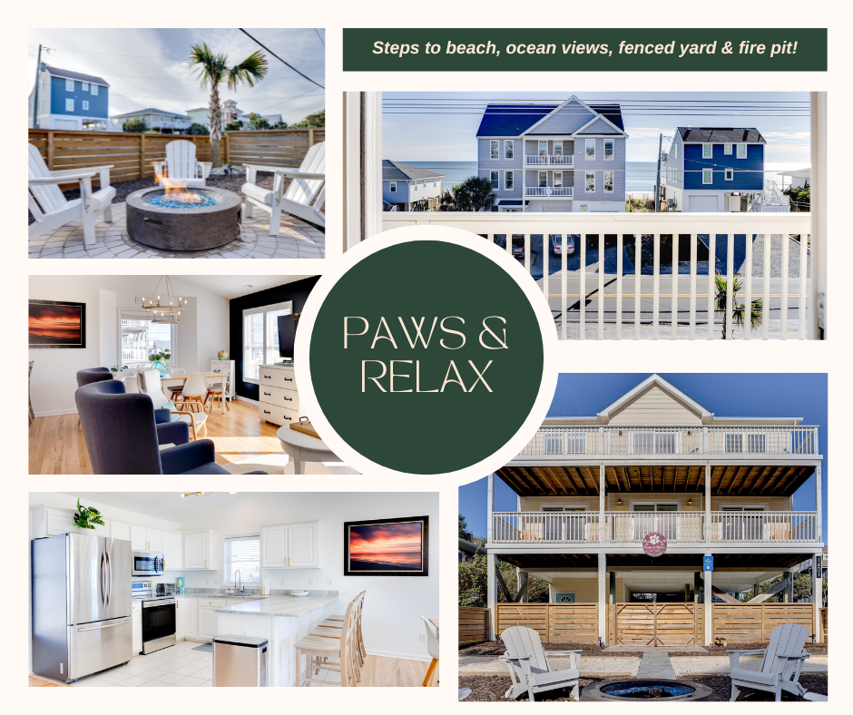 Guests love "Paws & Relax" for its refined yet relaxed spaces- just steps to private community beach access, ocean views, private balconies, fire pit, charcoal grill, large fenced-in yard- and just minutes from the heart of Surf City.