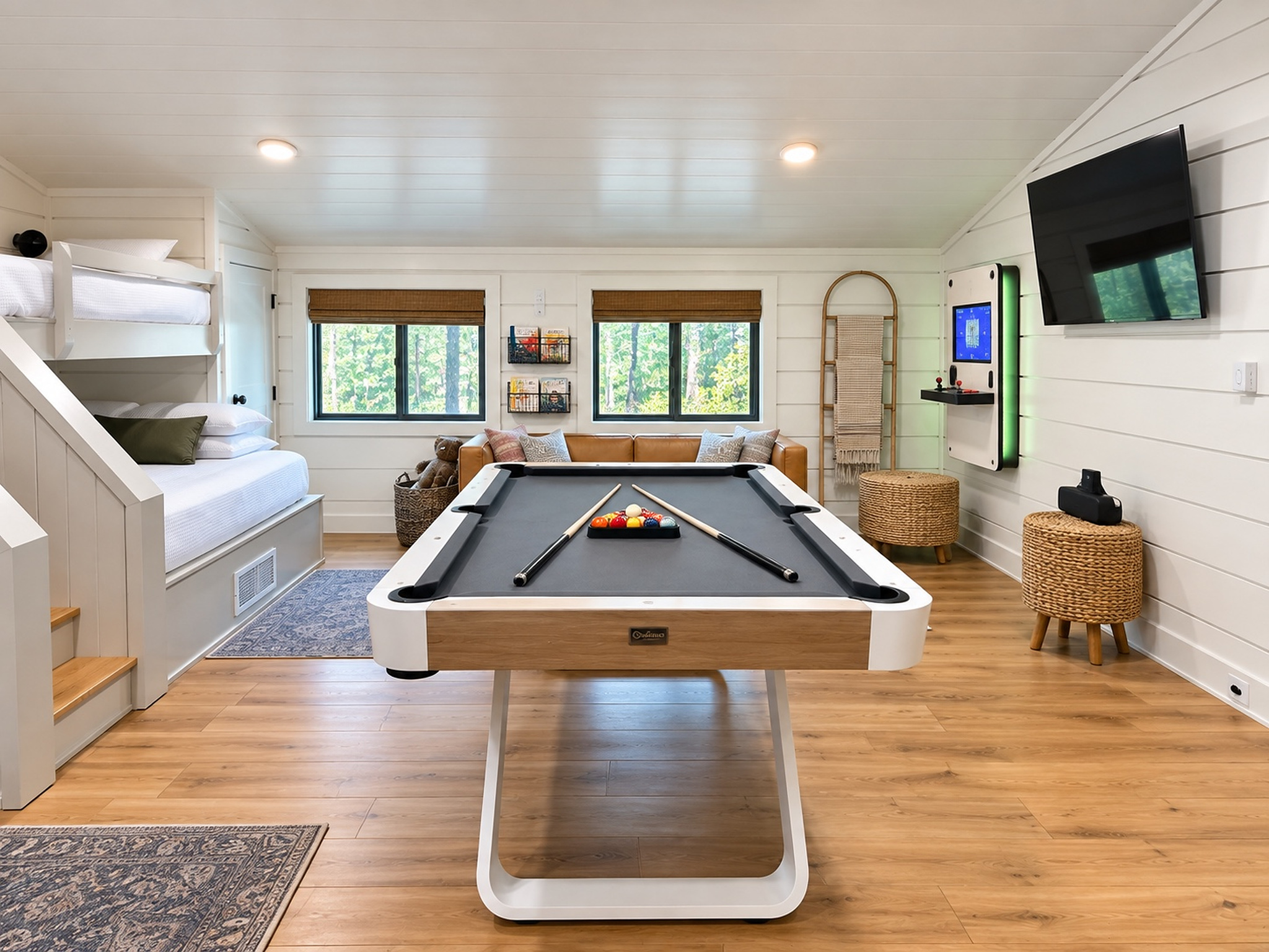 This bunk room doubles as a game room with arcade, TV, Karoke, pool table, giving your crew a space to play, laugh, lounge, and make the kind of memories that become everyone’s favorite part of the trip.