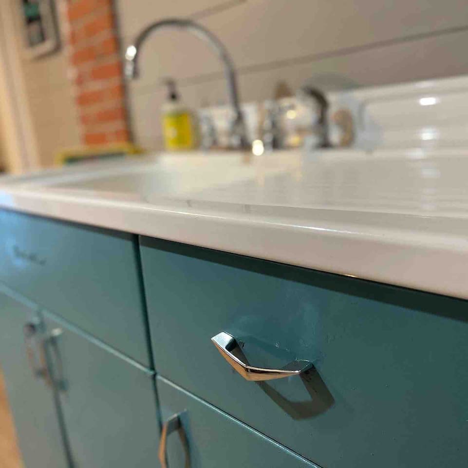 1950 Vintage Sink and cabinet from Saluda, NC (mountains) adds to the nostalgia and charm. 