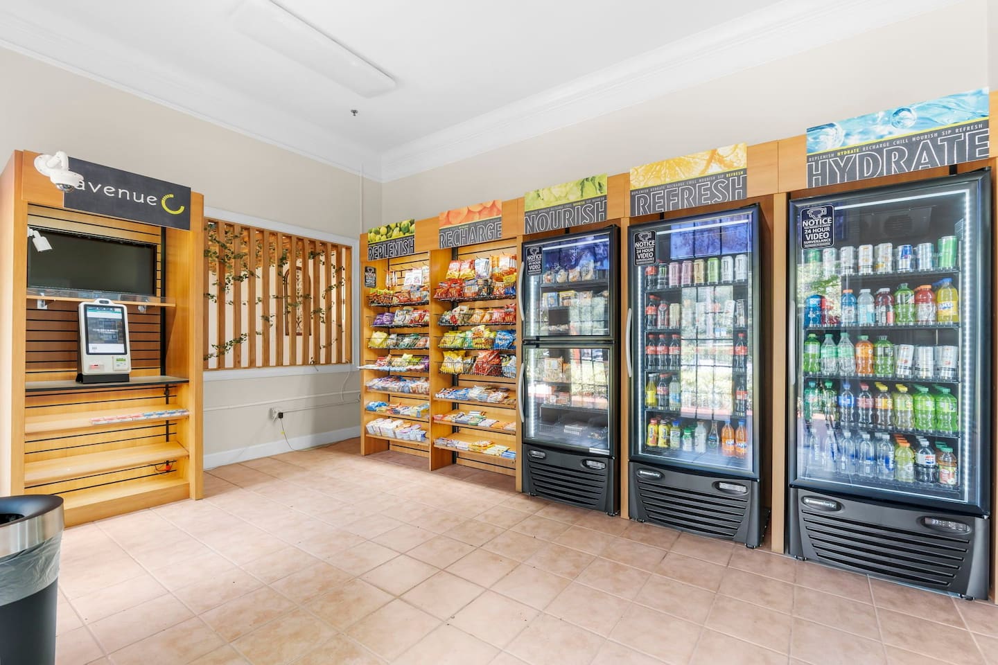 On-site convenience store, stocked with refreshments and snacks.