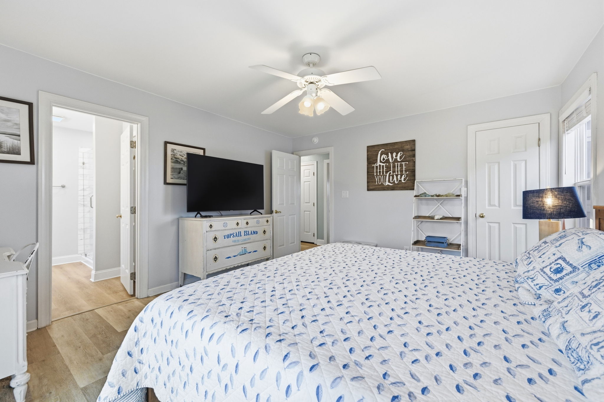 End your beach day with rest, comfort, and streaming entertainment all from your private king suite.