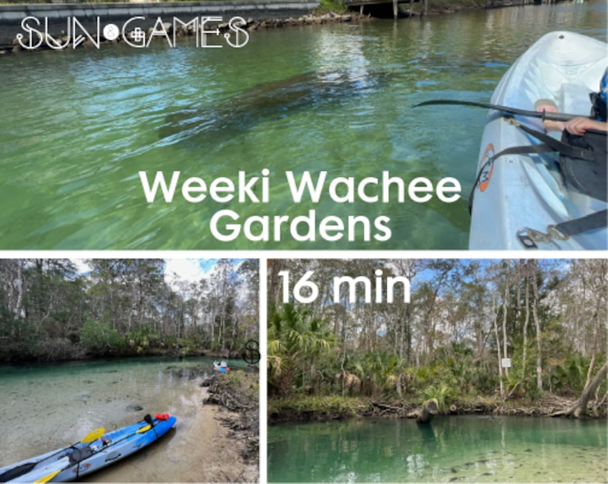 Weeki wachee state park is 10 min and further down 6 more minutes is the the Weeki Wachee gardens where you can rent Kayaks (by Upper deck restaurant) swim in the natural springs crystal clear water and kayak next to manatees