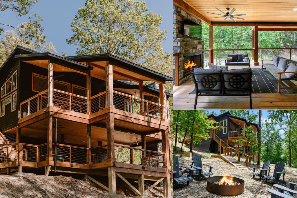 Forest Escape: Stroll along the wooden walkway through peaceful woods and arrive at your private luxury cabin retreat.