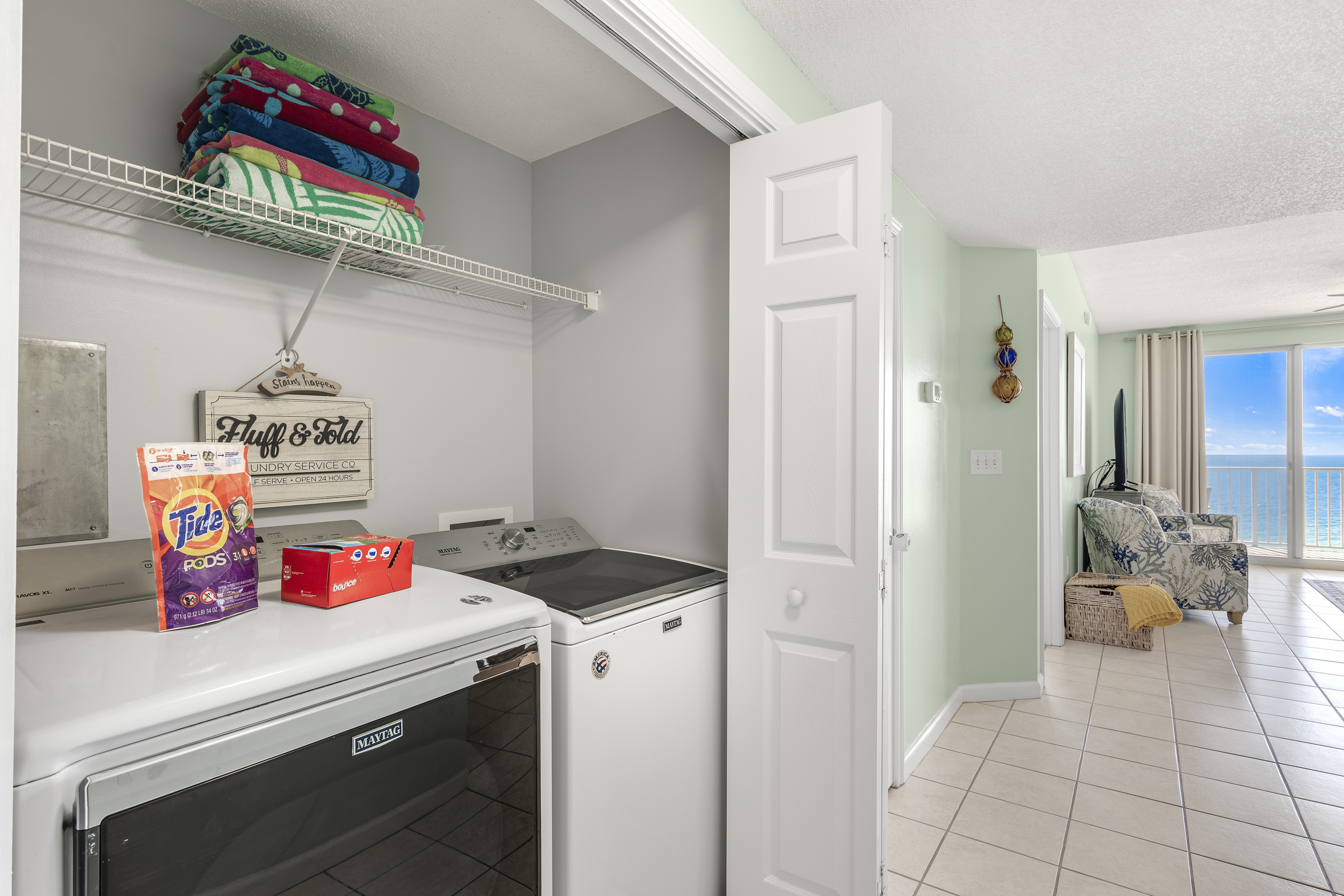 Full-size washer and dryer with plenty of laundry supplies for your stay.