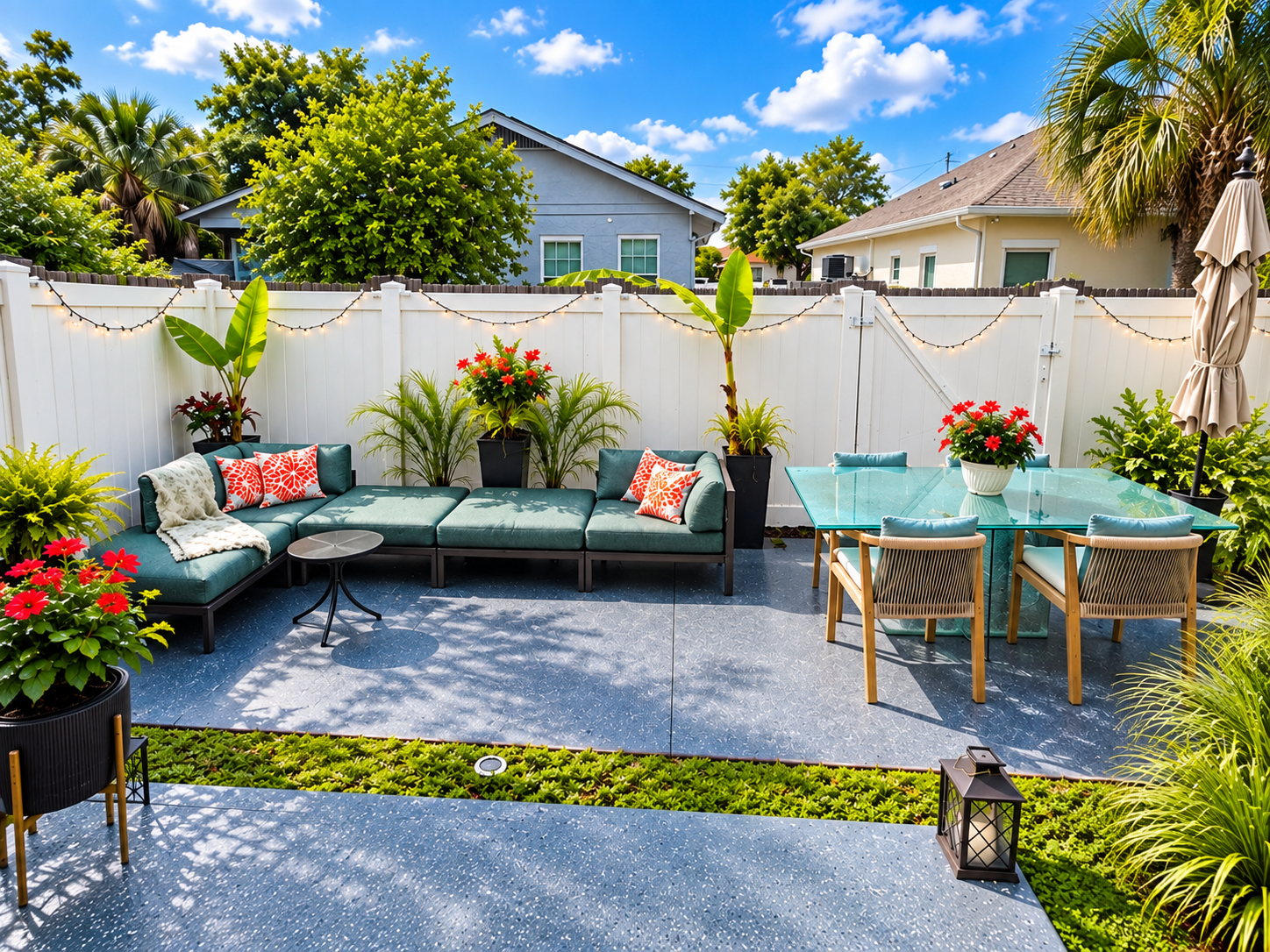 Luxury outdoor privacy fence with contemporary furnishings, perfect for morning coffee or evening entertainment.